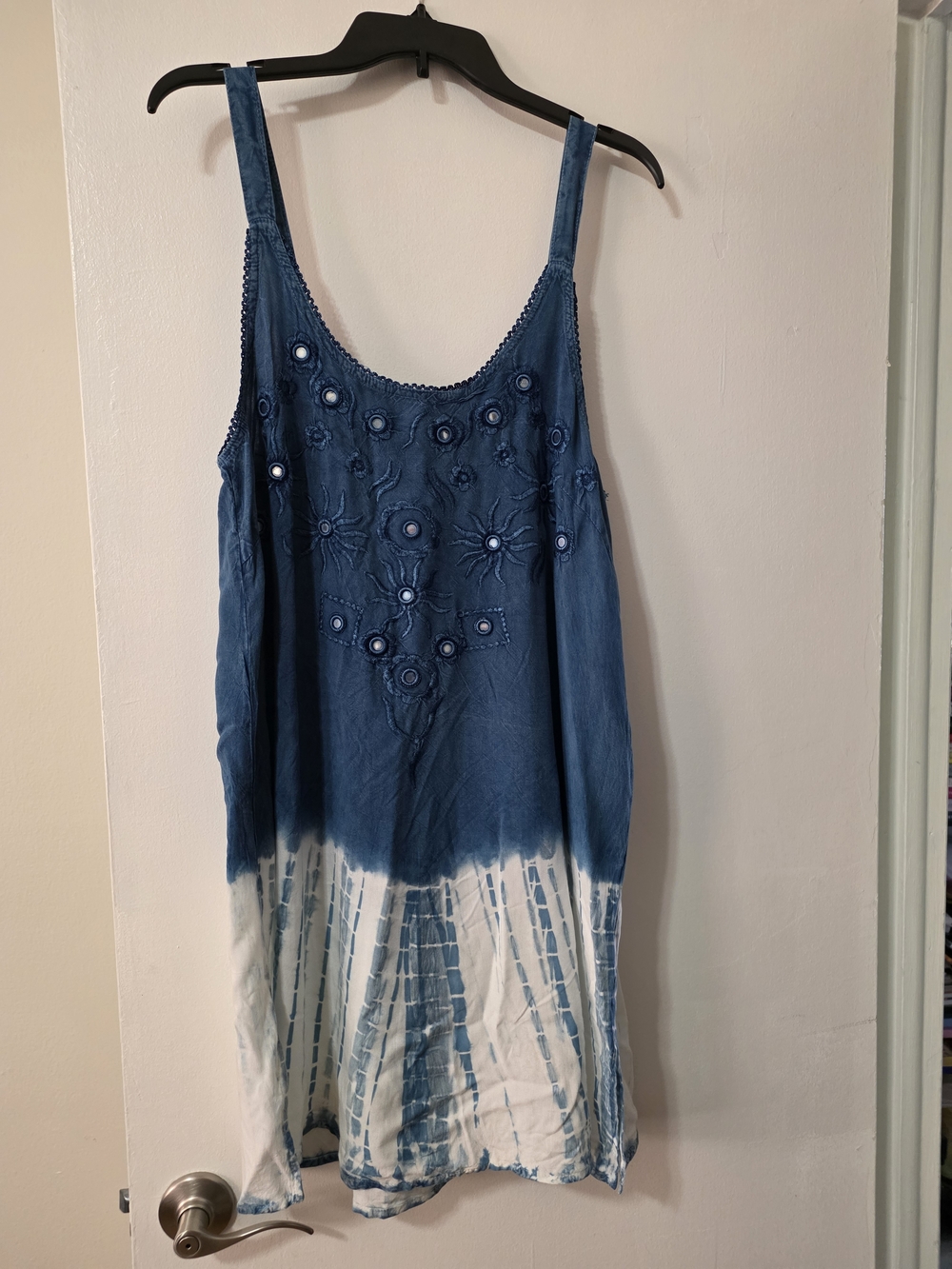 Blue Tie-Dye Embroidered Tank Dress